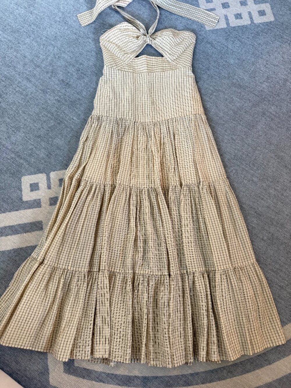 Significant Other Maxi Dress Women 6 Cream Plaid Tuscany Halter Cutout Tiered